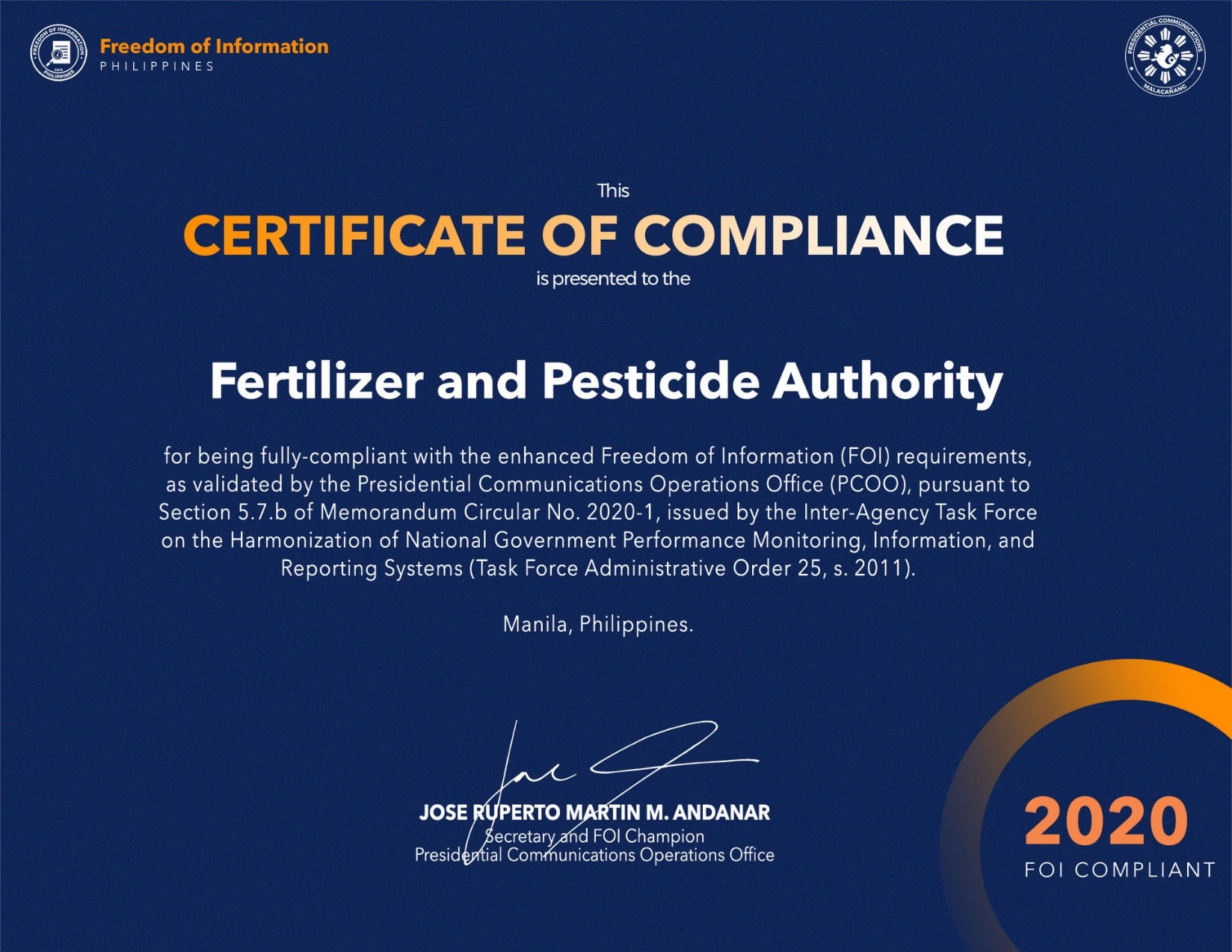 FPA receives Certificate of Compliance from PCOO anew